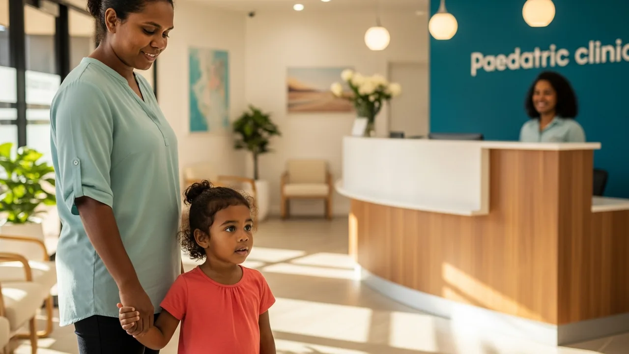 Fictional child and parent approaching a paediatric occupational therapy clinic